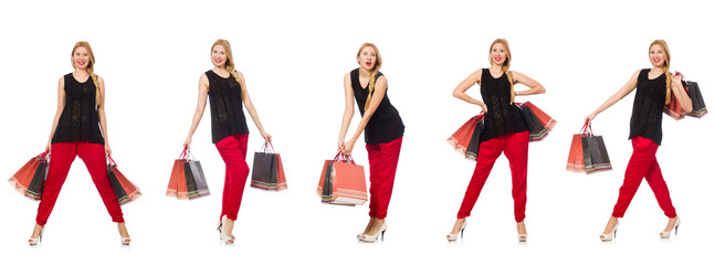 Set of woman with shopping bags on white