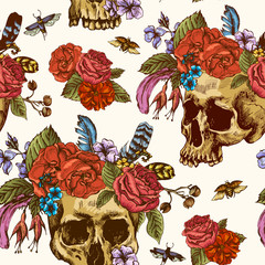 Skull and Flowers Day of The Dead Seamless Pattern