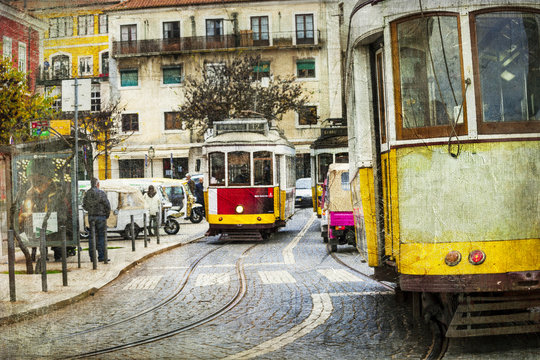 old tram in Lisbon - retro picture