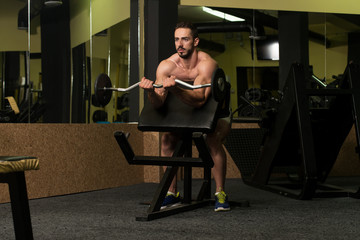 Fototapeta na wymiar Man In The Gym Exercising Biceps With Barbell