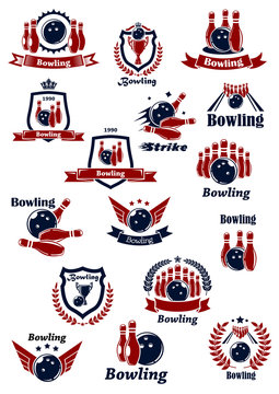 Bowling club or tournament icons and symbols