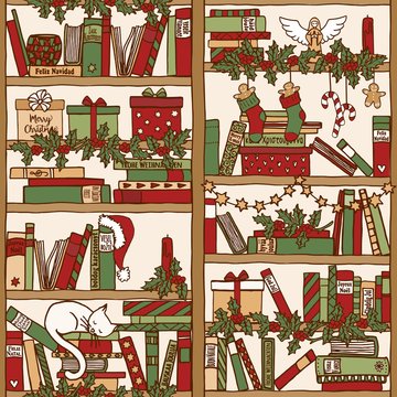 Handgezeichnetes weihnachtliches Bücherregal (seamless pattern)