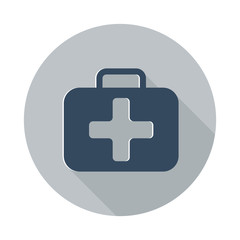 Flat First Aid Kit icon with long shadow on grey circle