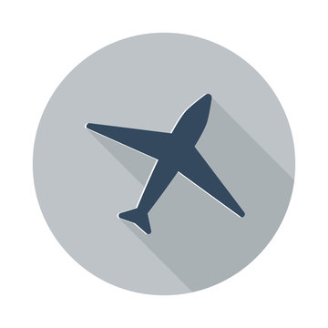 Flat Airplane icon with long shadow on grey circle