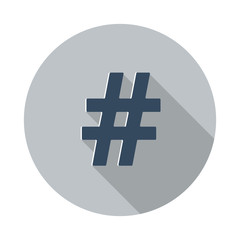 Flat Hashtag icon with long shadow on grey circle