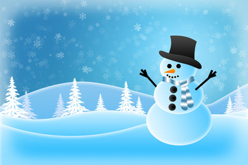 Snowman wearing a hat and scarf with a winter scene background.