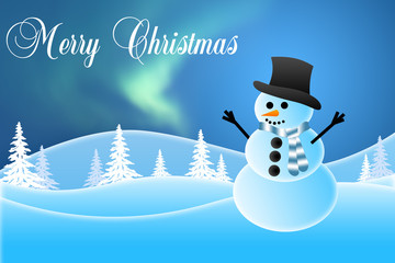 Snowman wearing a hat and scarf with a winter scene background.