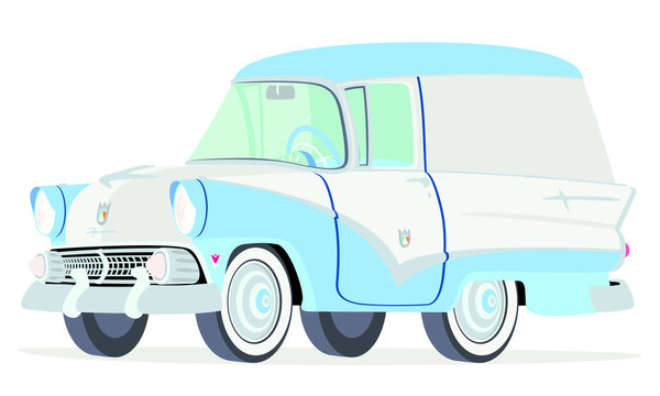 Caricatura Ford Courier Sedan Delivery 1955 azul con blanco vista frontal y lateral