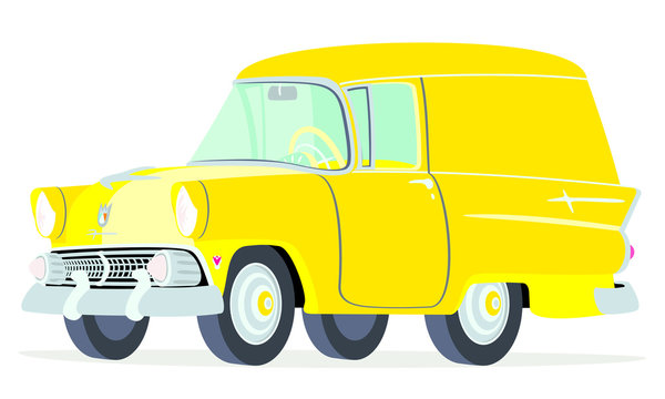 Caricatura Ford Courier Sedan Delivery 1955  amarilla vista frontal y lateral