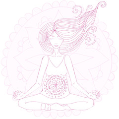 Pregnant woman practicing lotus asana in meditation.