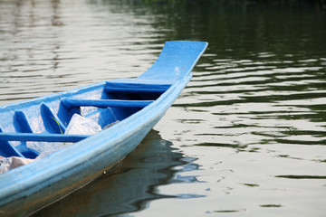 blue boat in river.
