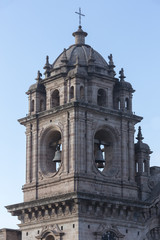 Fototapeta na wymiar Tower and dome of the historic Iglesia de la Compania in Cusco
