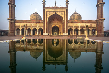 Jama Masjid, Old Delhi, India with reflection and blueish background