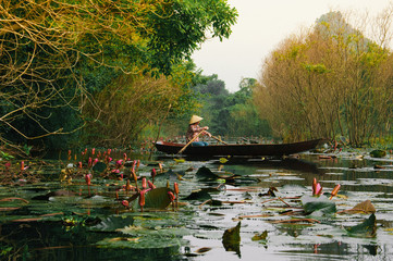 tourist boat on Yen stream in Huong pagoda, Hanoi, Vietnam. 