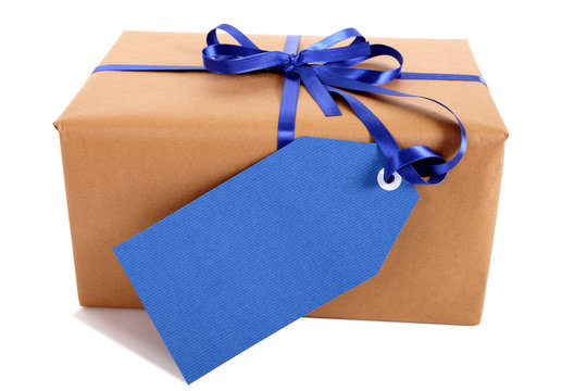 Plain Brown Paper Package Or Parcel, Blue Gift Tag Or Label