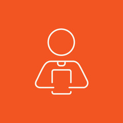 Man holding digital tablet line icon.