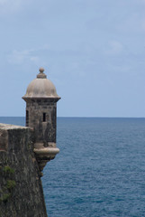 Fototapeta na wymiar Guerite at old Spanish fort in San Juan, Puerto Rico - architecture detailGuerite & Cannons at Fort El Morro (Castillo San Felipe del Morro) in San Juan, Puerto Rico.