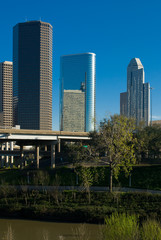 View of the downtown area of Houston from a Buffalo Bayou park.
