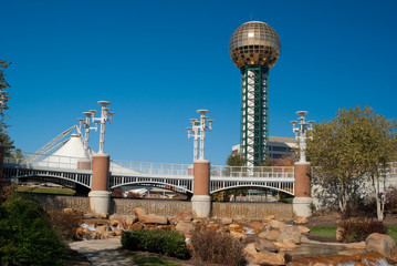 Knoxville, Tennessee skyline with the Sunsphere and the World's Fair park in the foreground - obrazy, fototapety, plakaty