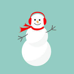 Cartoon Snowman in scarf and headphones. Blue background. Merry Christmas card Flat design