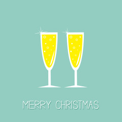 Two hampagne glasses with sparkles. Greeting Card. Flat design. Merry Christmas. Blue background.
