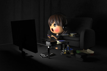 暗い部屋でゲームをして赤面する人物