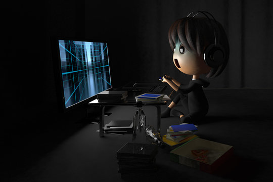 暗い部屋でゲームをして青ざめる人物