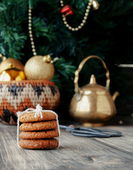 cookies on a background of Christmas toys and trees, selective focus