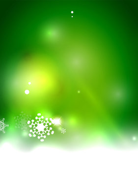 Christmas green abstract background with white transparent snowflakes
