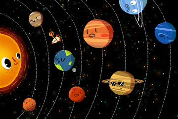 Illustration für Kinder: Die glücklichen Planeten im Sonnensystem. Realistische fantastische Cartoon-Art-Grafik / Geschichte / Szene / Wallpaper / Hintergrund / Kartendesign.