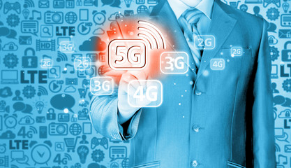 businessman holding in hand 5G, technology background