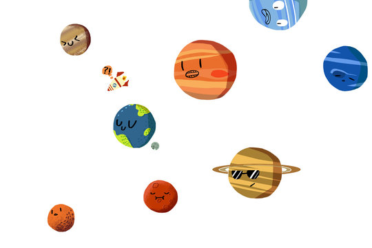 Illustration Sets: The Happy Planets in Solar System isolated. Realistic Fantastic Cartoon Style Artwork / Story / Scene / Wallpaper / Background / Card Design.