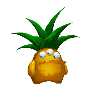 Illustration: The Fantastic Forest PineApple Monster isolated on White Background. Realistic Fantastic Cartoon Style Character / Monster / Creature Design.

