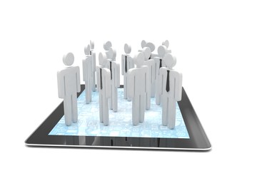 group of people figures on tablet PC, 3d render
