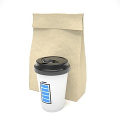 Coffee to go and lunch bag, on white.