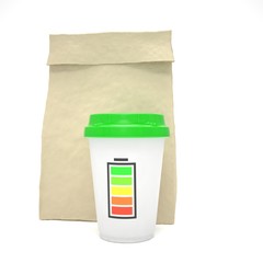Coffee to go and lunch bag, on white.