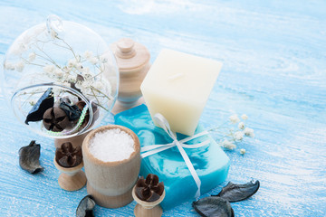 soap and spa stuff on wooden background 