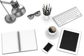 office stuff on table, workplace, top view