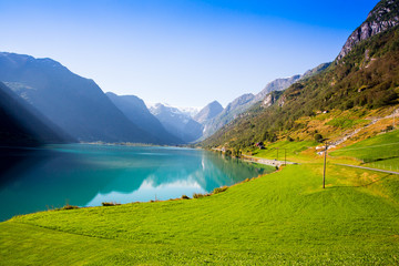 Glacial lake at the foot of the mountain