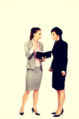 Two businesswomans discussing with eachother.