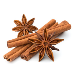 cinnamon stick and star anise spice isolated on white background