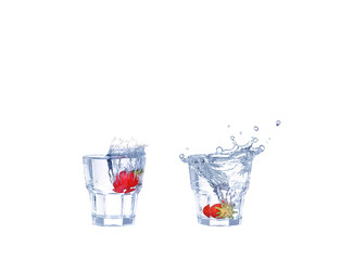 collage  Strawberries, ice cubes into the glass