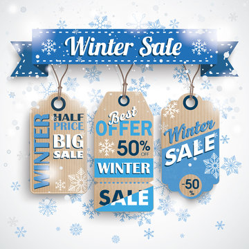 Winter Sale Ribbon Price Stickers Bokeh Snowflakes
