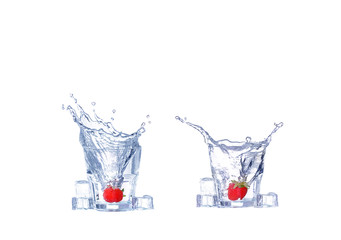 Strawberries, ice cubes into the glass