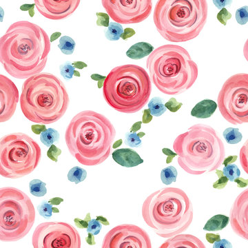  hand drawn watercolor roses and cute little flowers seamless pattern. vector illustration