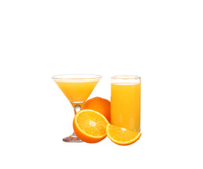 Orange juice and slices of orange isolated on white