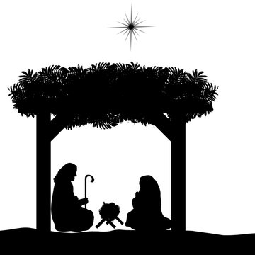 Christmas Nativity Scene With Baby Jesus In The Manger, Mary And Joseph In Silhouette And Star Of Bethlehem