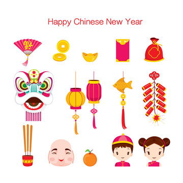 Chinese New Year Icons Set, Traditional Celebration, China, Happy Chinese New Year