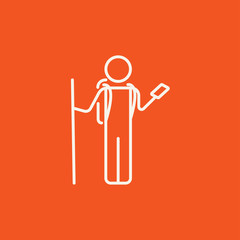 Tourist backpacker with phone line icon.