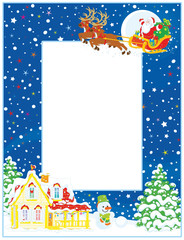 Fototapeta premium Vertical vector frame border of Santa Claus with his magic reindeers and sleigh flying over a house and firs on a snowy Christmas eve night